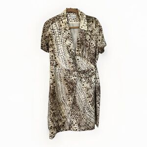 Marvin Richards Mock Wrap Dress Size 12 Animal Print Tan White Ruched Belt